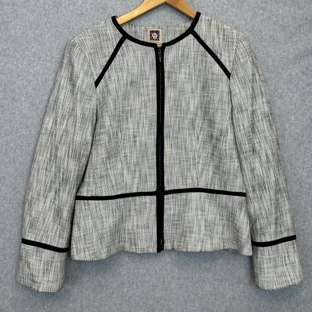 Anne Klein Jacket Black White Tweed Zip Front Professional Career Fall Size 16
